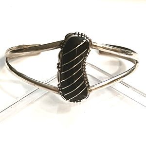 Signed, Southwestern Vintage Onyx Sterling Silver Cuff